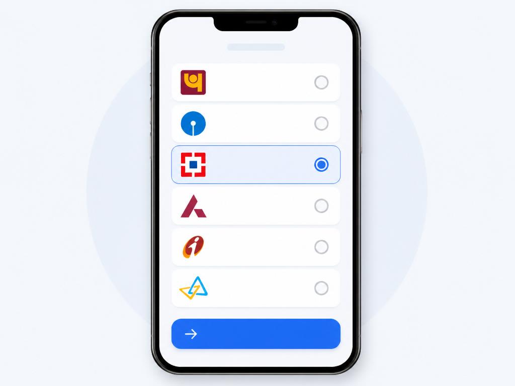 Smartphone screen showing a list of Indian banks to choose from