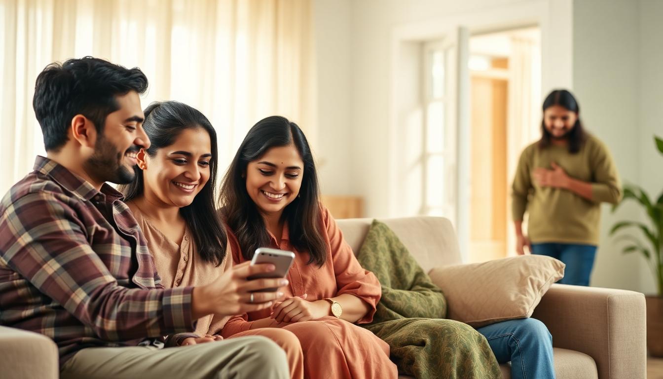 Relaxed happy Indian family at home, calm and protected by BlockMyCard