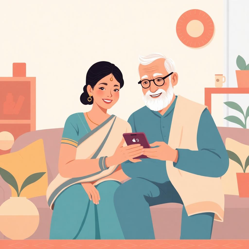 Adult daughter helping her elderly father save an emergency contact on a smartphone